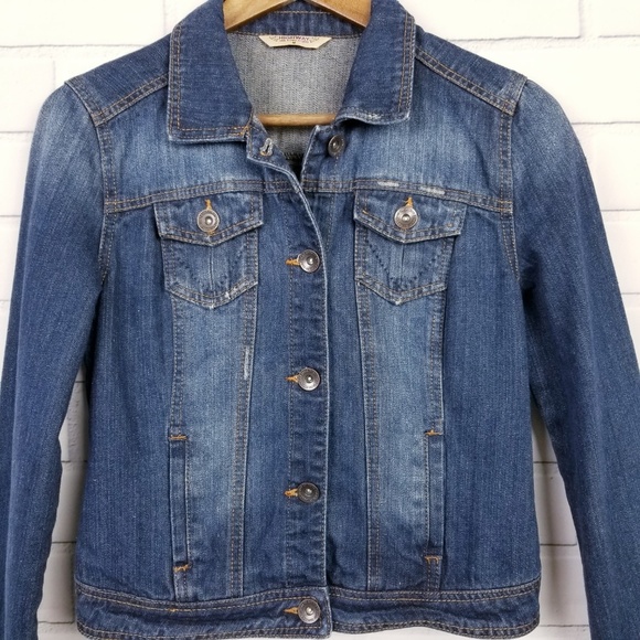 Womens Button Up Jean Jacket Sz M Med Wash Biker Moto Long Sleeve Highway Jeans - Picture 5 of 8